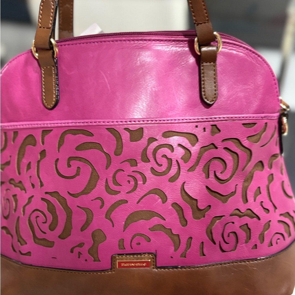 Tignanello  Chic Pink Satchel with Floral Design and Brown Straps